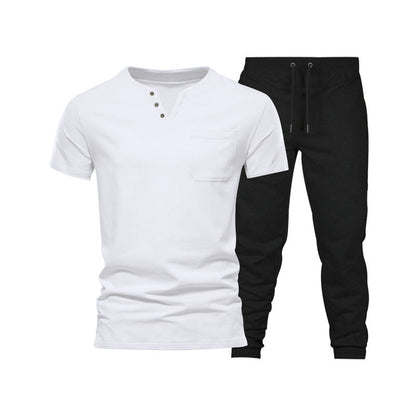 Herren Henley Set Kurzarm mit Brusttasche und Jogginghose Bequem