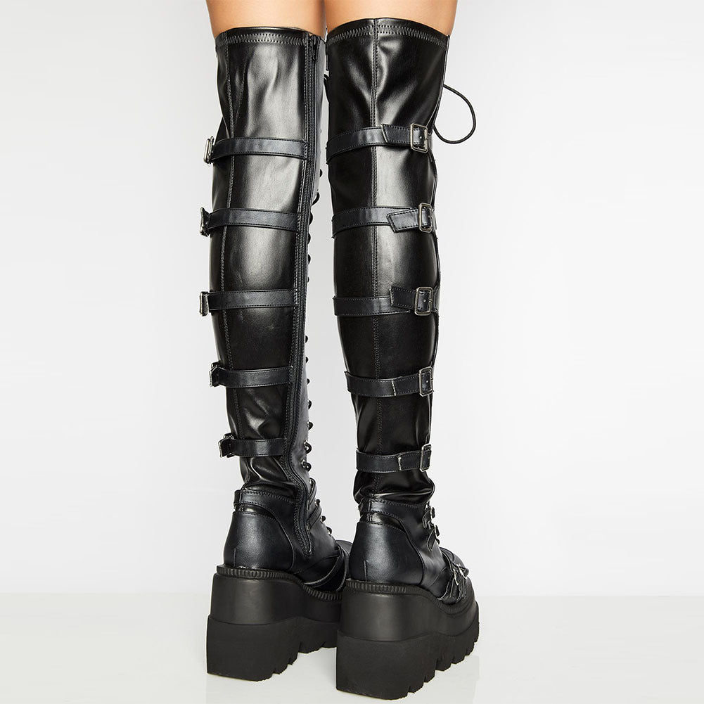 Damen Plateau Stiefel Hoch mit Reißverschluss und Schnürsenkel Schwarz