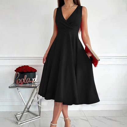 Damen Wickelkleid A-Linie Elegant V-Ausschnitt Schwarz