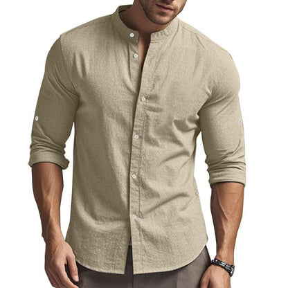 Herren Leinenhemd Langarm Mandarin Kragen Elegant