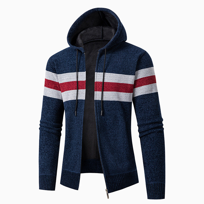 Herren Strickjacke Lässig Mit Kapuze Kontraststreifen Modern