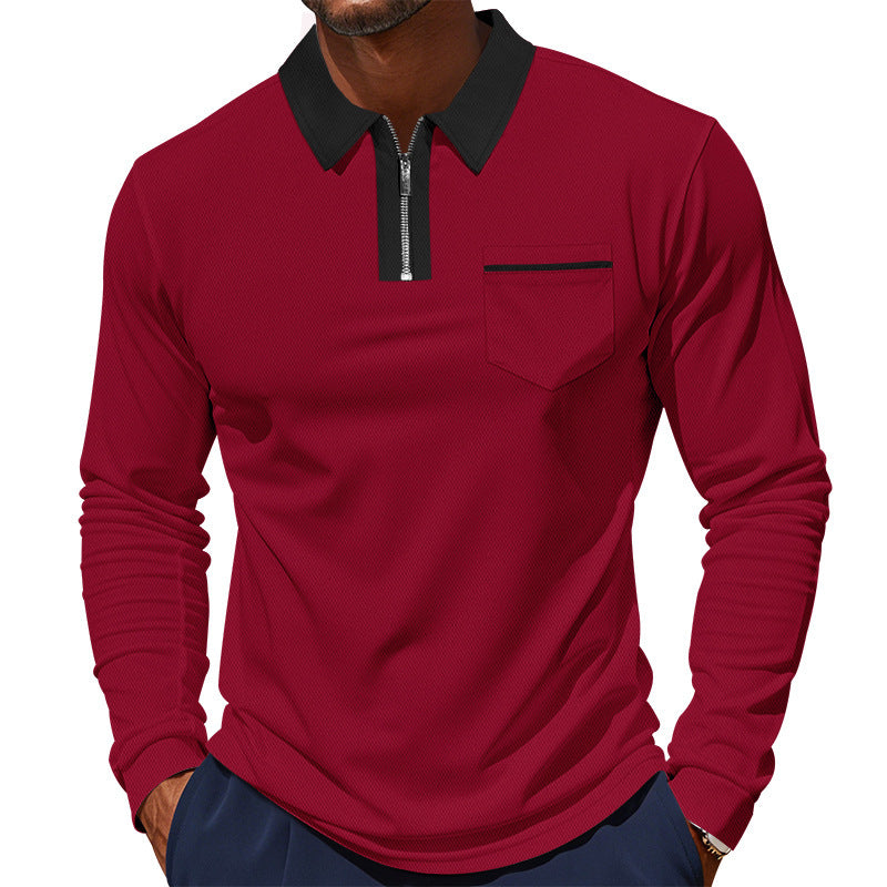Herren Polo Langarm mit Reißverschluss und Brusttasche Modern
