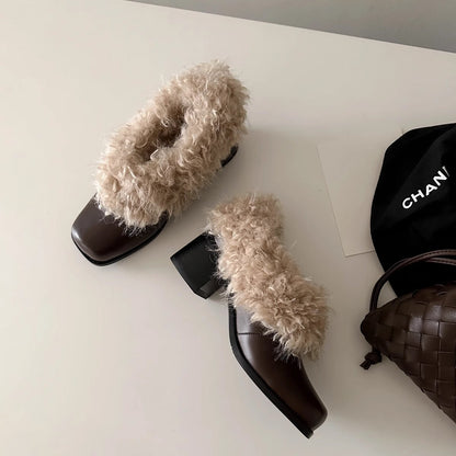 Damen Stiefeletten Fellkragen Robust Blockabsatz Winter