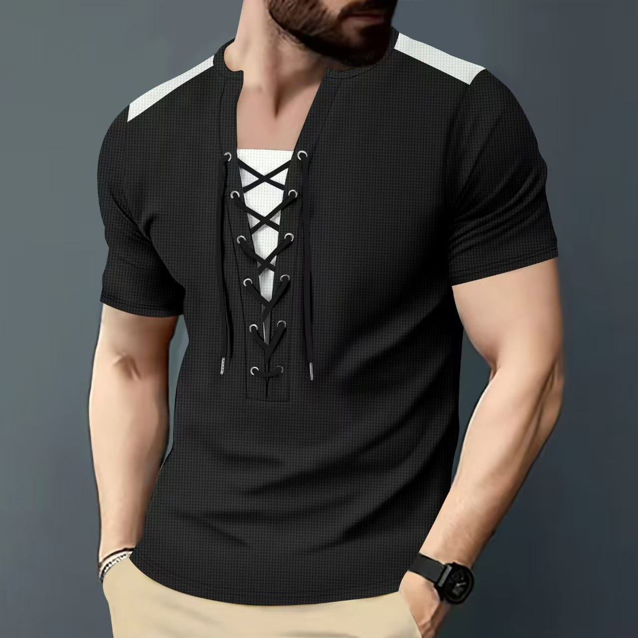 Herren Sportshirt Kurzarm Schnürdesign Modern