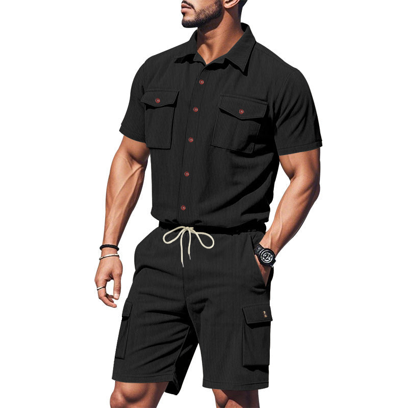 Herren Kurzarm-Shirt und Cargo-Shorts Set Modern Elastisch Mit Taschen