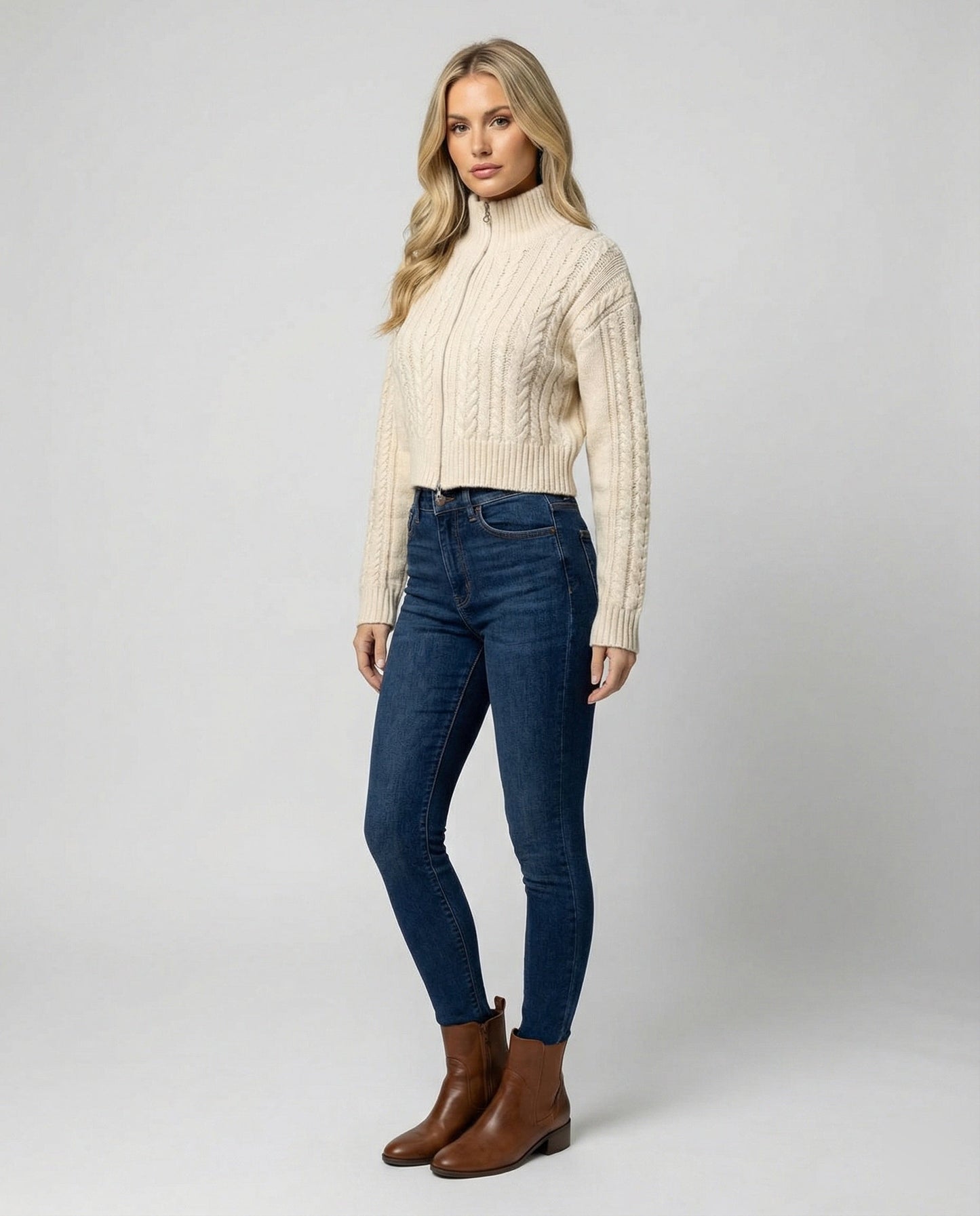 Damen Strickblouson Stehkragen Zweiwege Reißverschluss Cropped Modern