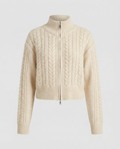 Damen Strickblouson Stehkragen Zweiwege Reißverschluss Cropped Modern