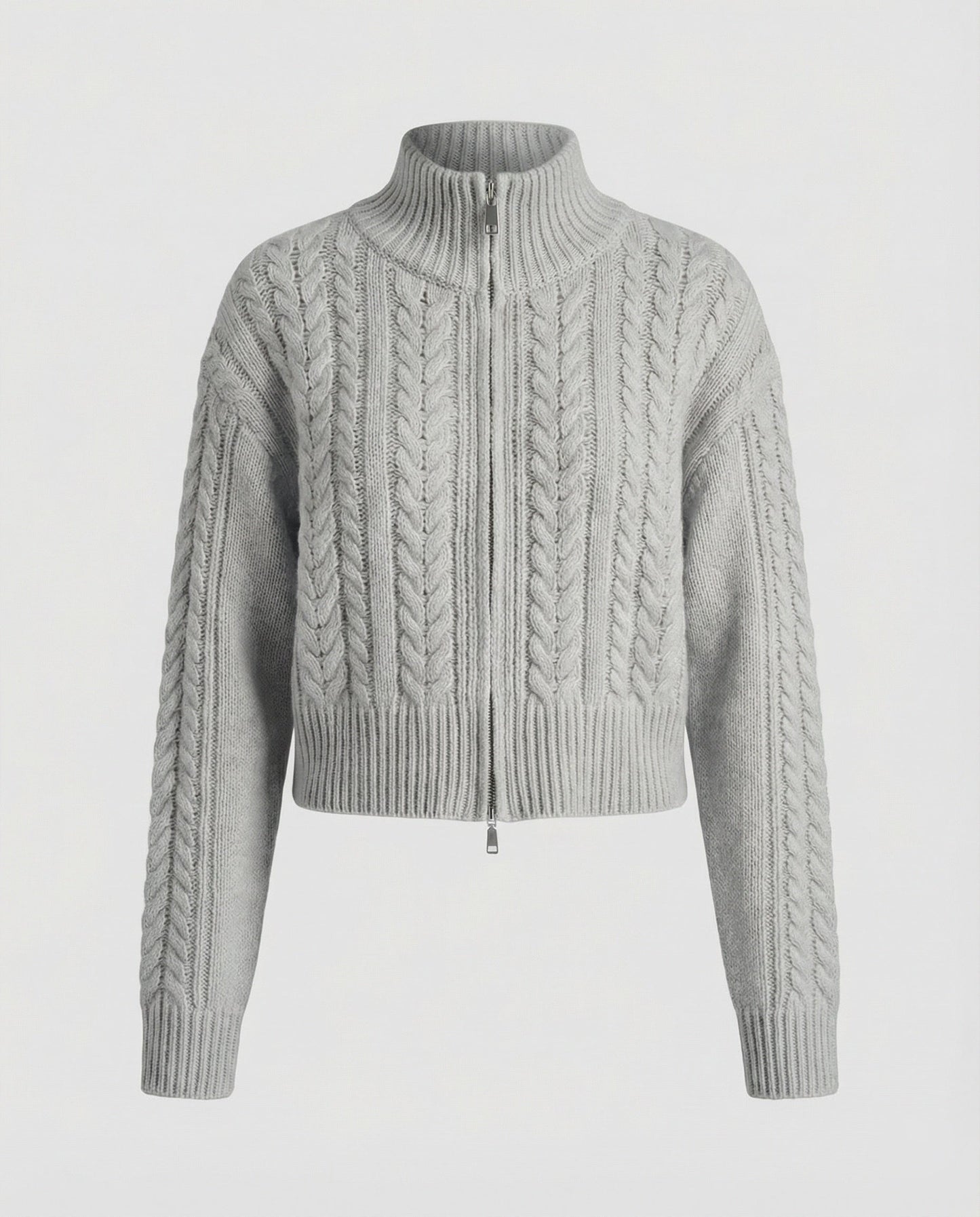 Damen Strickblouson Stehkragen Zweiwege Reißverschluss Cropped Modern