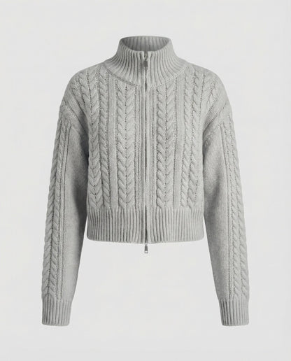 Damen Strickblouson Stehkragen Zweiwege Reißverschluss Cropped Modern