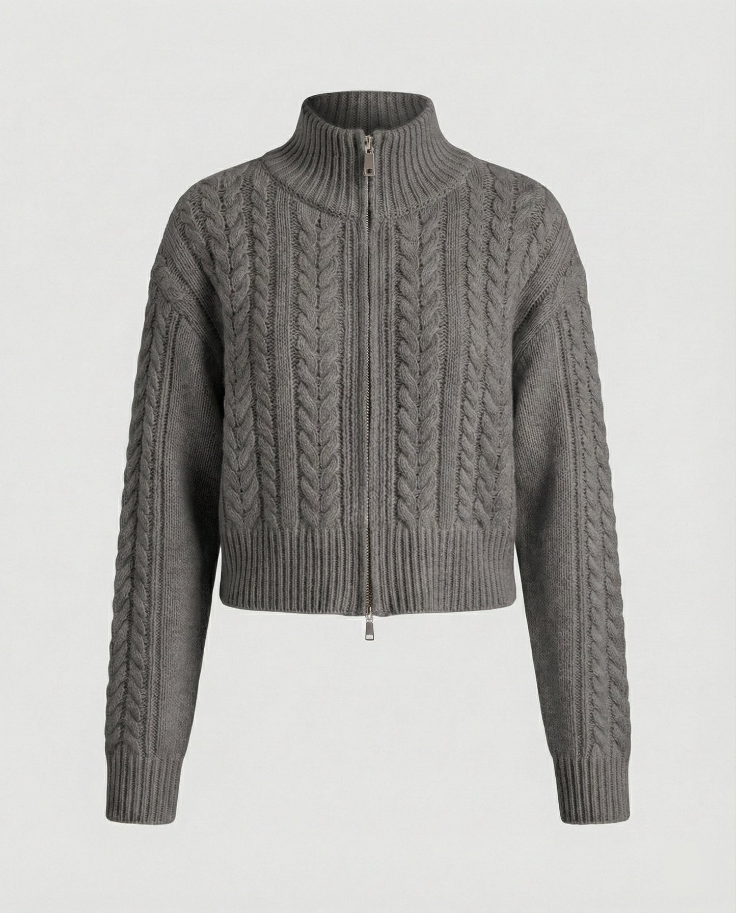 Damen Strickblouson Stehkragen Zweiwege Reißverschluss Cropped Modern