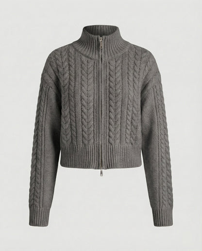 Damen Strickblouson Stehkragen Zweiwege Reißverschluss Cropped Modern