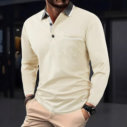 Herren Poloshirt Langarm Strukturiert Kragen Tasche Modern