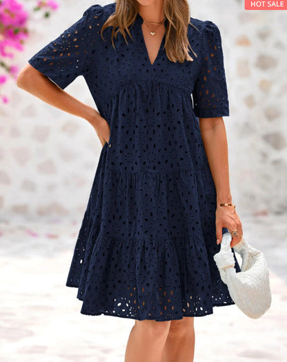 Sommerkleid Damen V-Ausschnitt Rüschensaum Broderie