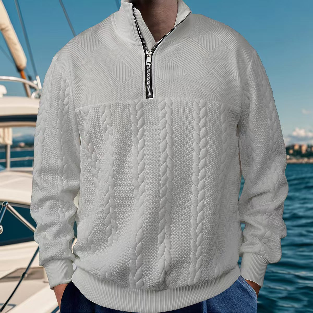 Herren Stepp-Pullover Strukturiert Halbzipp Modern - BerlinGlamour