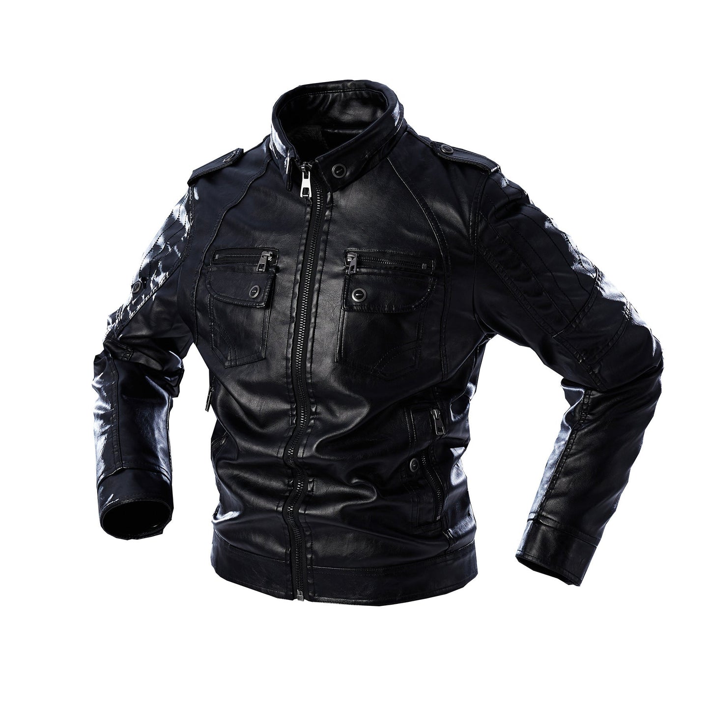 Lederjacke Herren Lässig mit vielen Taschen Schwarz