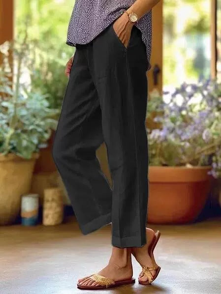 Damen Leinenhose Weit Bequem Mit Taschen
