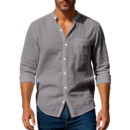 Herren Leinenhemd Modern Henley Kragen mit Brusttasche