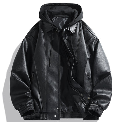 Herren Lederjacke Kunstleder Mit Kapuze Funktions-Taschen