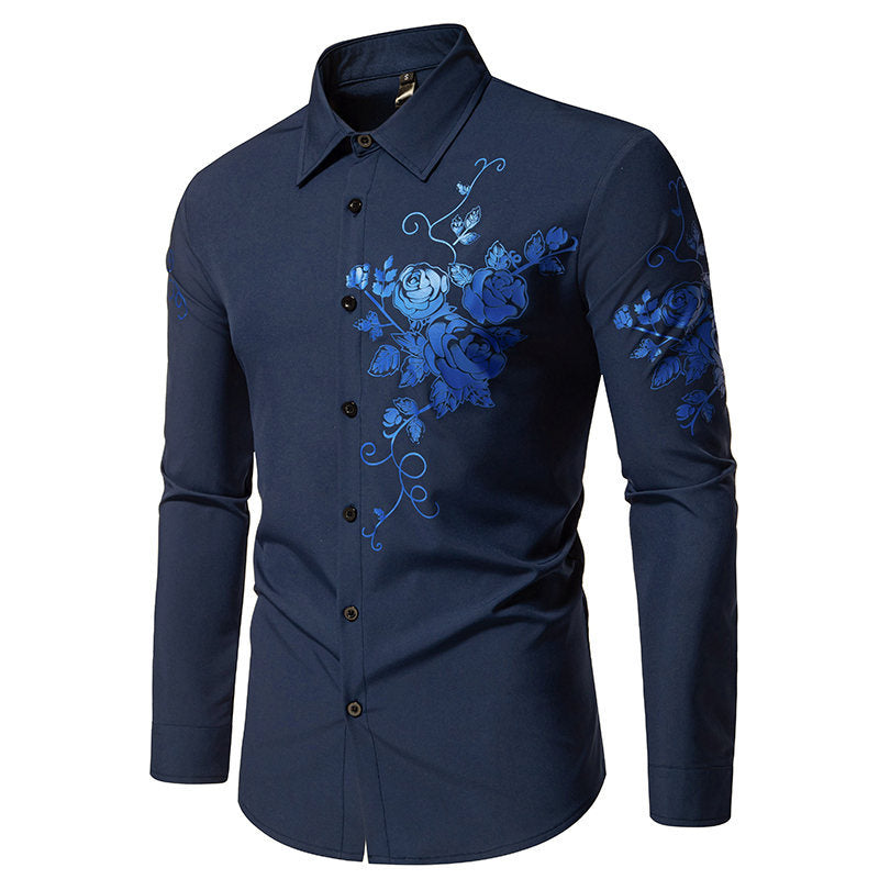 Herren Langarmhemd mit Blumen Stickereien Modern Style