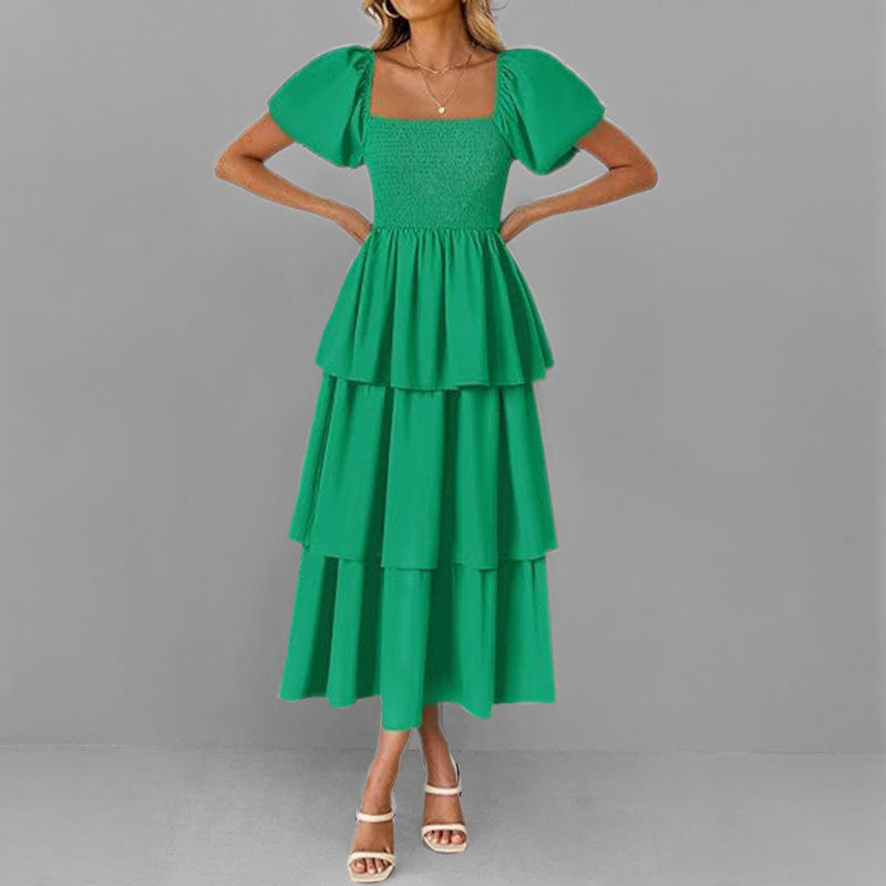 Damen Maxikleid Lang Ärmelig mit Stufenschnitt und Puffärmeln