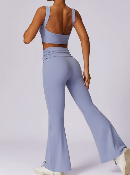 Blau High-Waist Flare Leggings Damen mit Faltbund