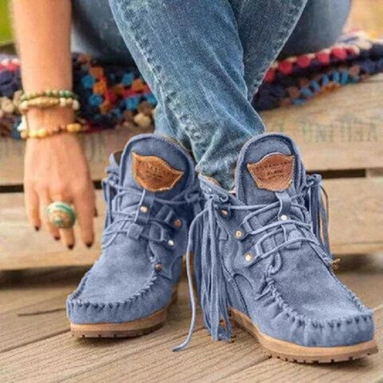 Damen Stiefel Mokassin Fransen Modisch Schwarz
