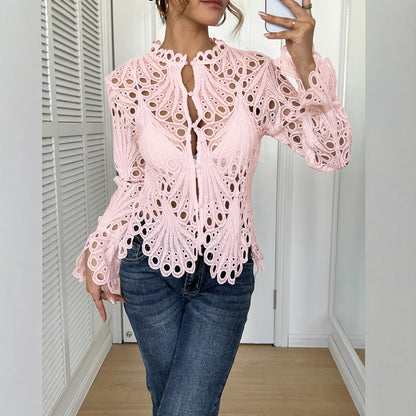 Elegante Damen Bluse Spitze Cut-Outs Figurformend