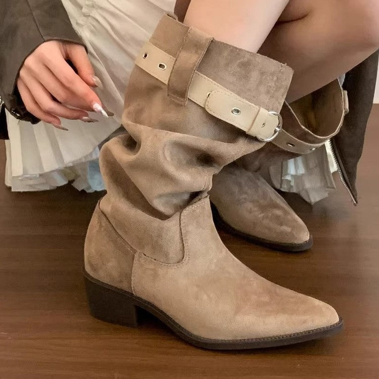Damen Stiefel Wildleder Rustikal mit Falten-Design