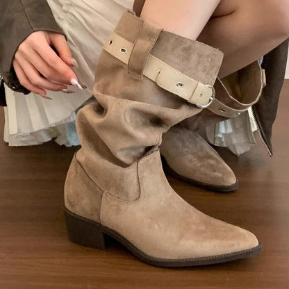 Damen Stiefel Wildleder Rustikal mit Falten-Design