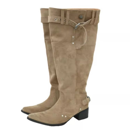 Damen Stiefel Kniehoch Robust Schuhe mit Riemchen