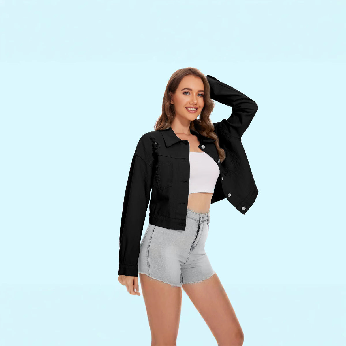 Damen Jeansjacke Crop Style Lässig Mit Fransen