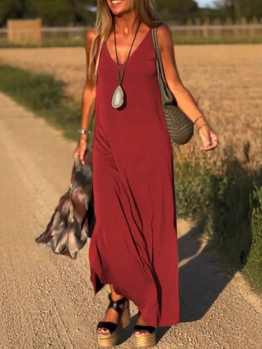 Damen Maxikleid Elegant V-Ausschnitt Hochwertig