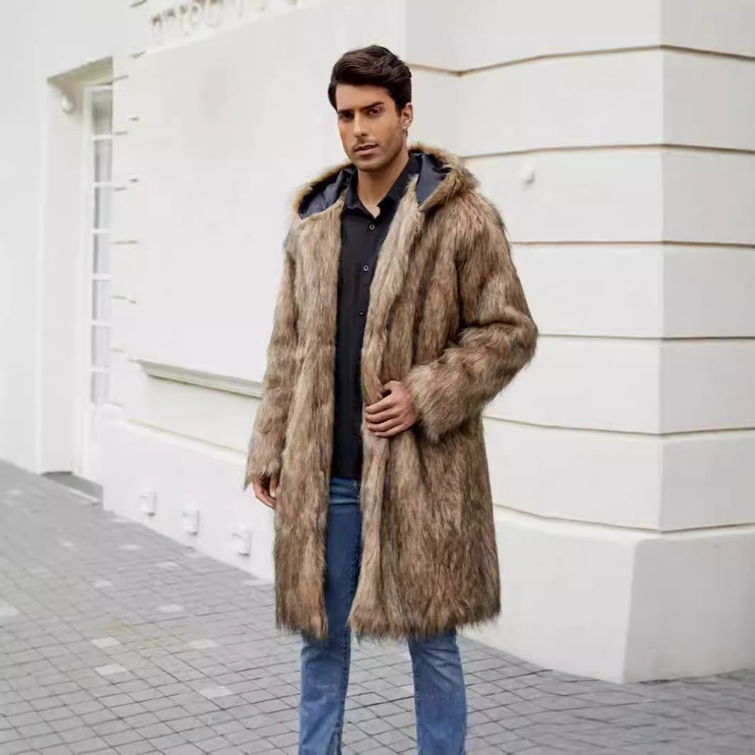 Herren Kunstfellmantel mit Kapuze Luxus Wintermantel