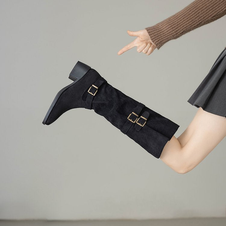Damen Overknee Stiefel Schnalle Modisch Schwarz Frauenstiefel