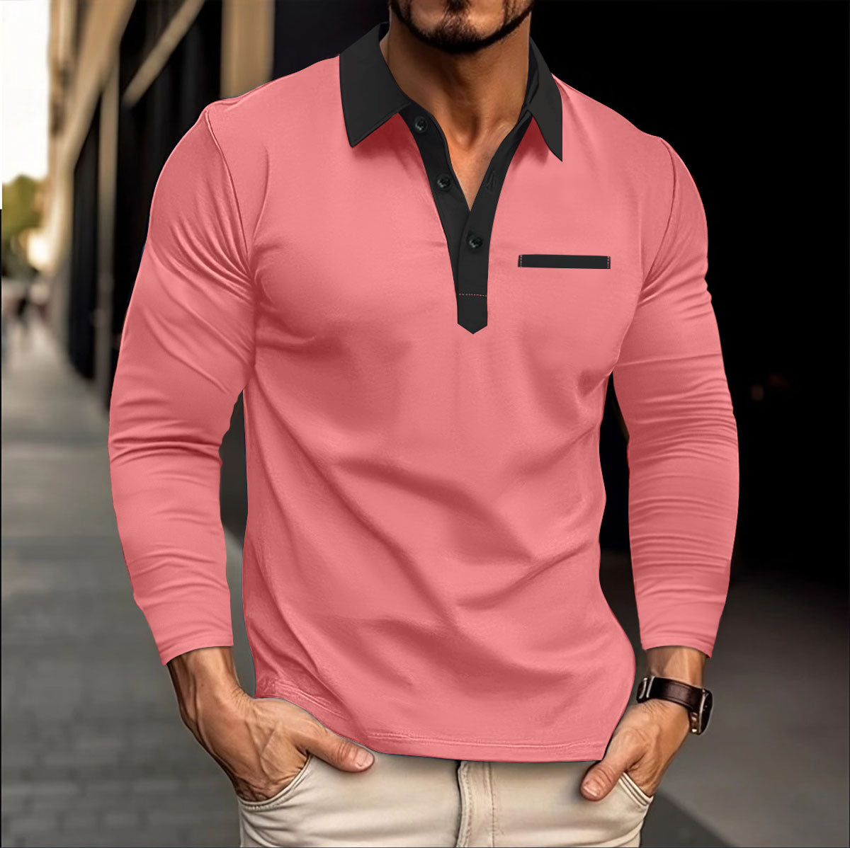 Herren Poloshirt Langarm Modern Kontrastkragen Slimfit - BerlinGlamour
