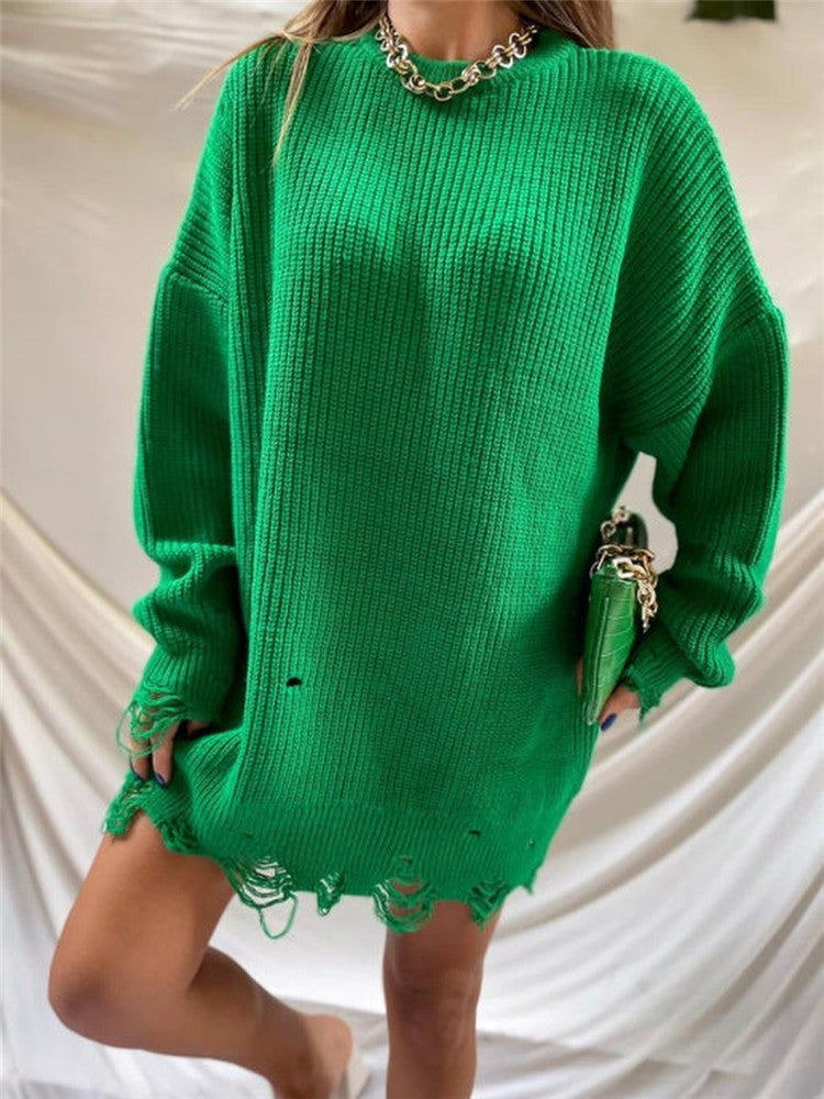 Damen Strickkleid Lang mit Lochmuster und Rundhalsausschnitt