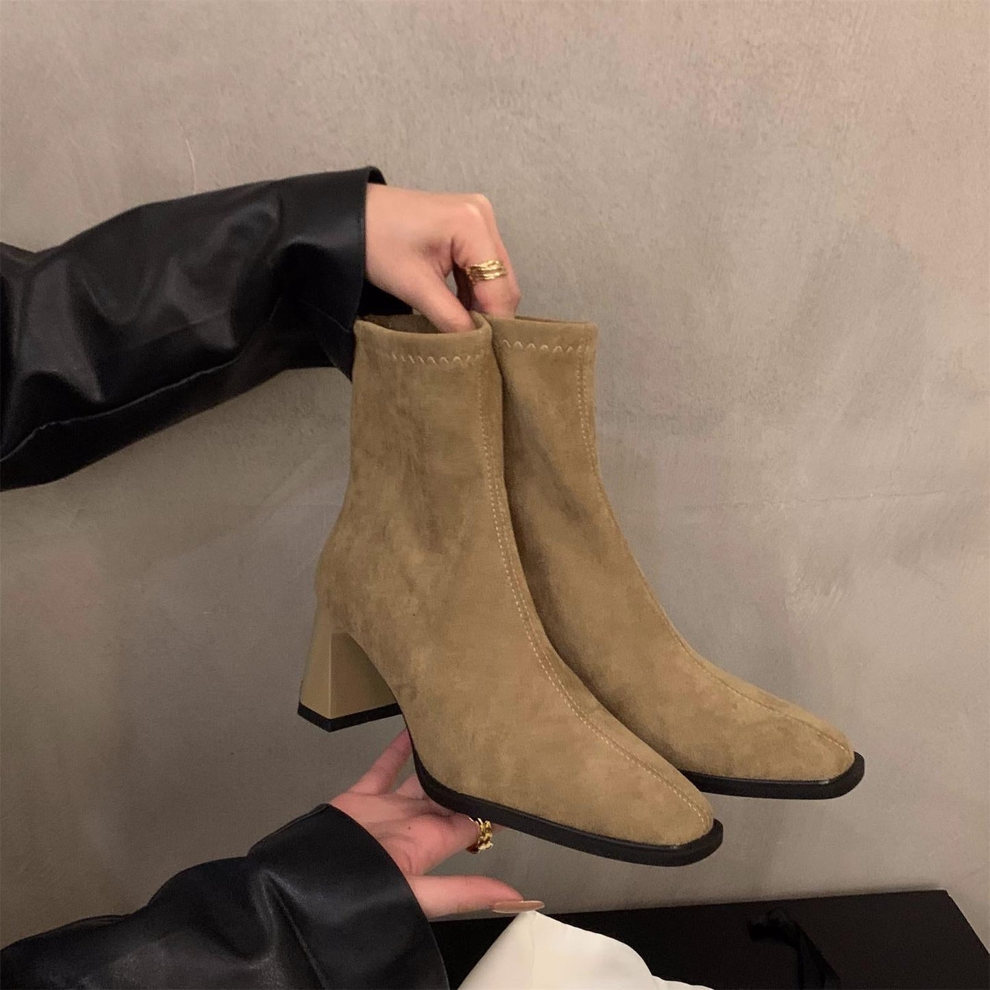Damen Boots Veloursleder Hochabsatz Elegante Schuhe
