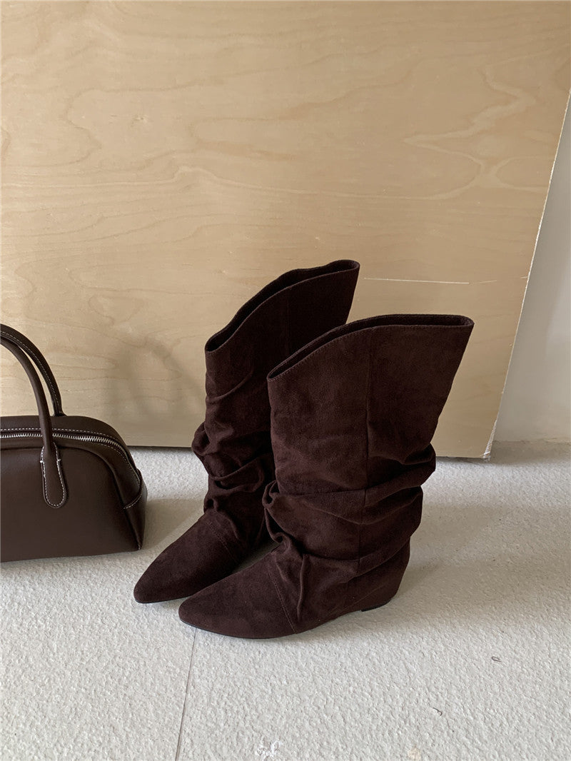 Damen Stiefel Spitz Absatz Geraffter Schaft Moderne Mode