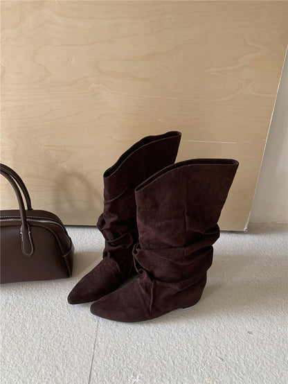 Damen Stiefel Spitz Absatz Geraffter Schaft Moderne Mode