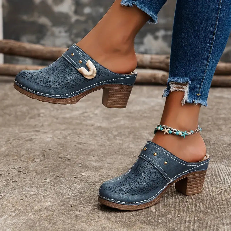 Damen Clogs Elegante Blumenmuster Schnalle Schwarz