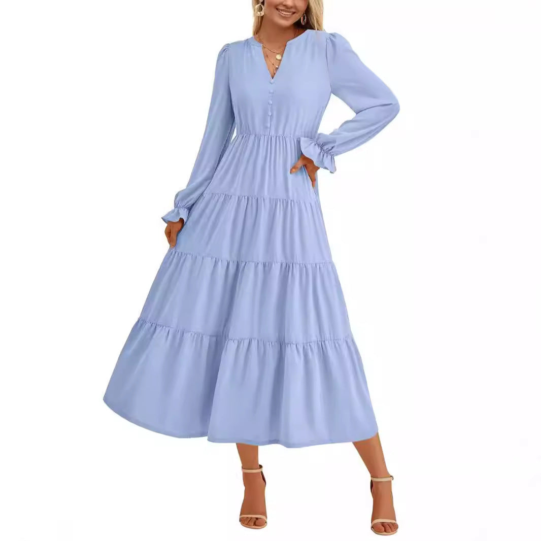 Damen Maxikleid Elegant Rüschendetails V-Ausschnitt Sommerkleid - BerlinGlamour