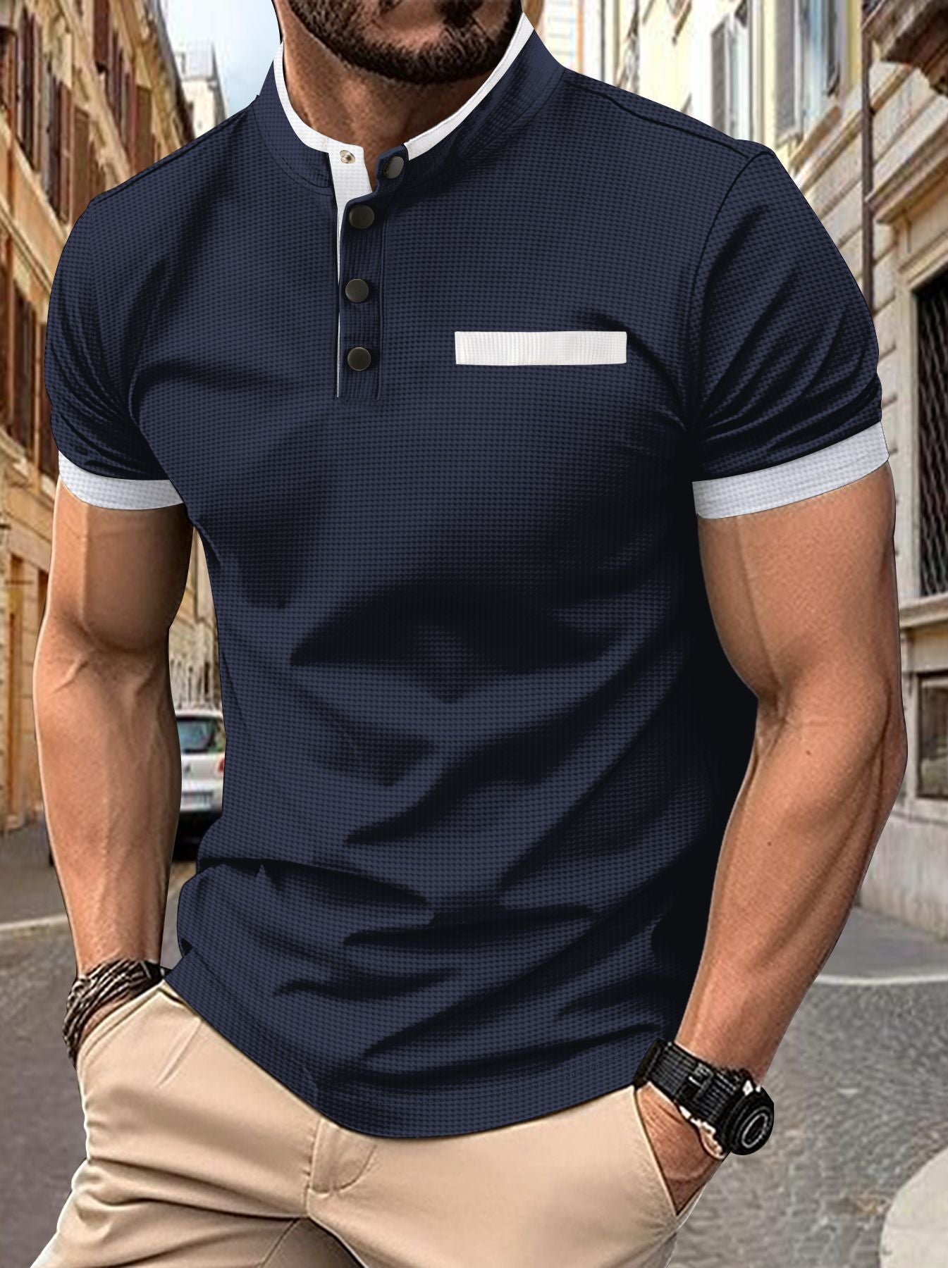 Herren Poloshirt Modern Stehkragen Kontrastdetails Slimfit