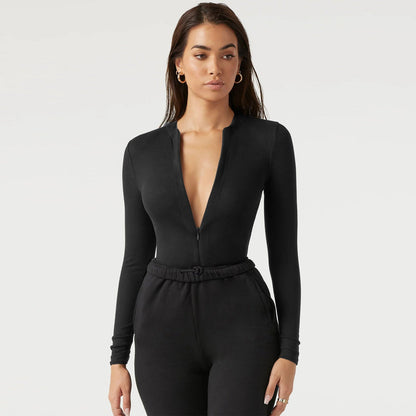 Damen Langarm Bodysuit ReißverschlussSexy