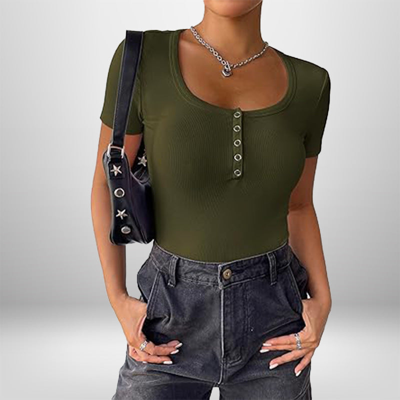 Damen Bodysuit Kurzarm Figurformend Mit Knöpfen