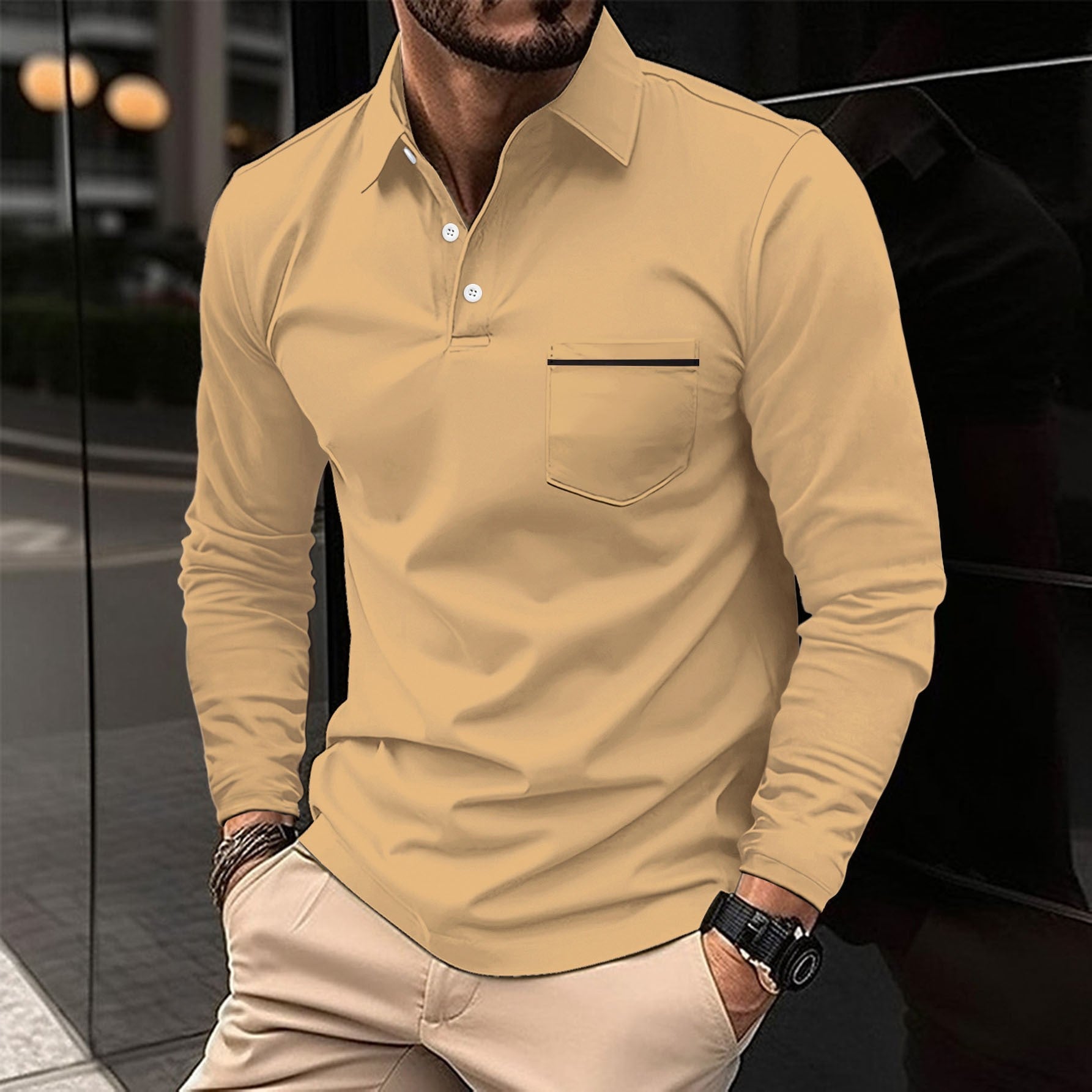 Herren Poloshirt Langarm Stehkragen mit Brusttasche Modern - BerlinGlamour