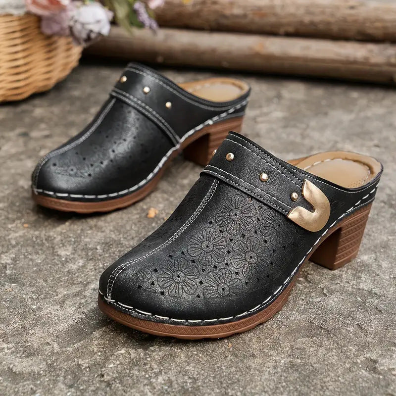 Damen Clogs Elegante Blumenmuster Schnalle Schwarz - BerlinGlamour