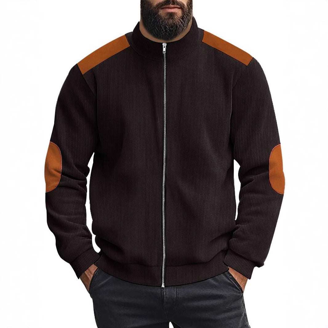 Herren Strickjacke Lederakzente Modern Kragen Hoch