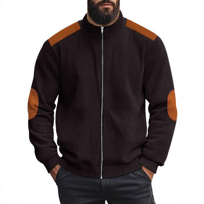Herren Strickjacke Lederakzente Modern Kragen Hoch