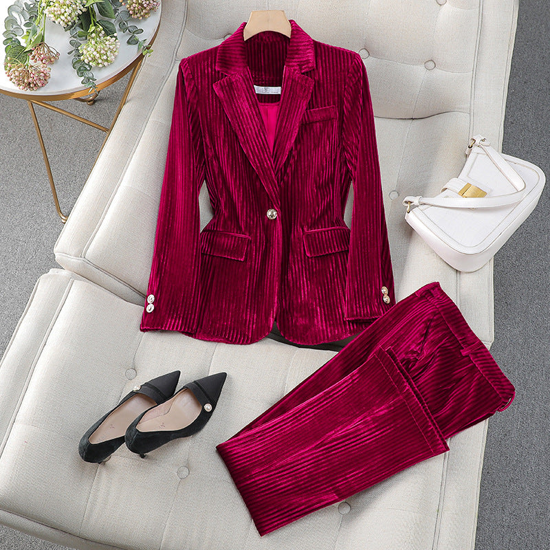 Damen Anzug Set mit Langem Samt Blazer Elegante Business Kleidung - BerlinGlamour