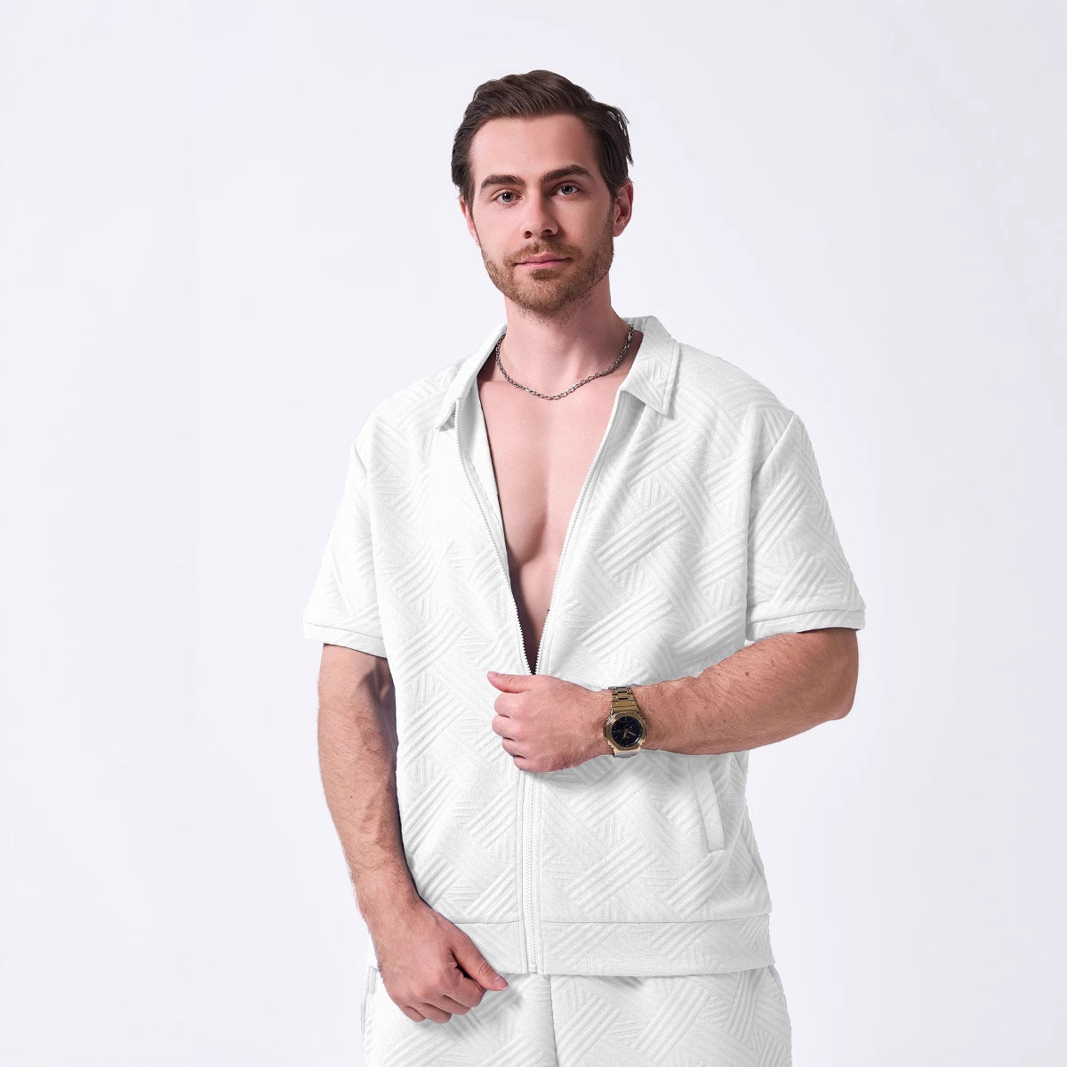 Herren Kurzarmhemd Modern mit Reißverschluss
